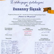 Powiększ zdjęcie List gratulacyjny dla Zuzanny Ślęzak od dyrekcji, nauczycieli I LO we Włoszczowie