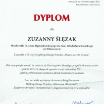 Powiększ zdjęcie Dyplom dla Zuzanny Ślęzak