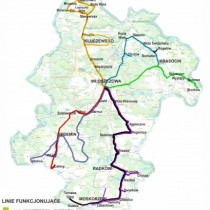 Powiększ zdjęcie Mapa powiatu z zaznaczonymi trasami autobusowymi.