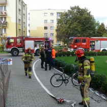 Powiększ zdjęcie Strażacy ze sprzętem gaśniczym przed budynkiem Starostwa Powiatowego we Włoszczowie 