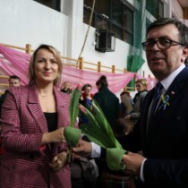 Powiększ zdjęcie Starosta Włoszczowski Dariusz Czechowski wręcza Paniom tulipany
